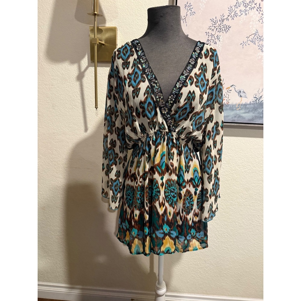 Sienna Rose Ikat Print Sequin V-Neck Chiffon Tunic Dress XL Teal Brown Boho